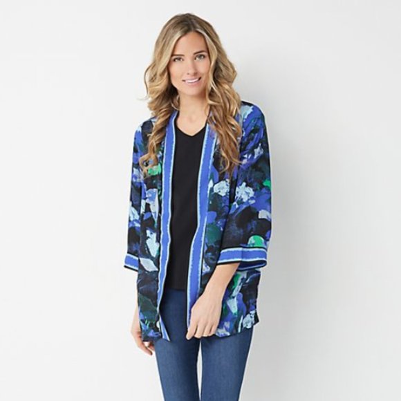 Bob Mackie Sweaters - Bob Mackie Watercolor Rose Printed Woven Cardigan